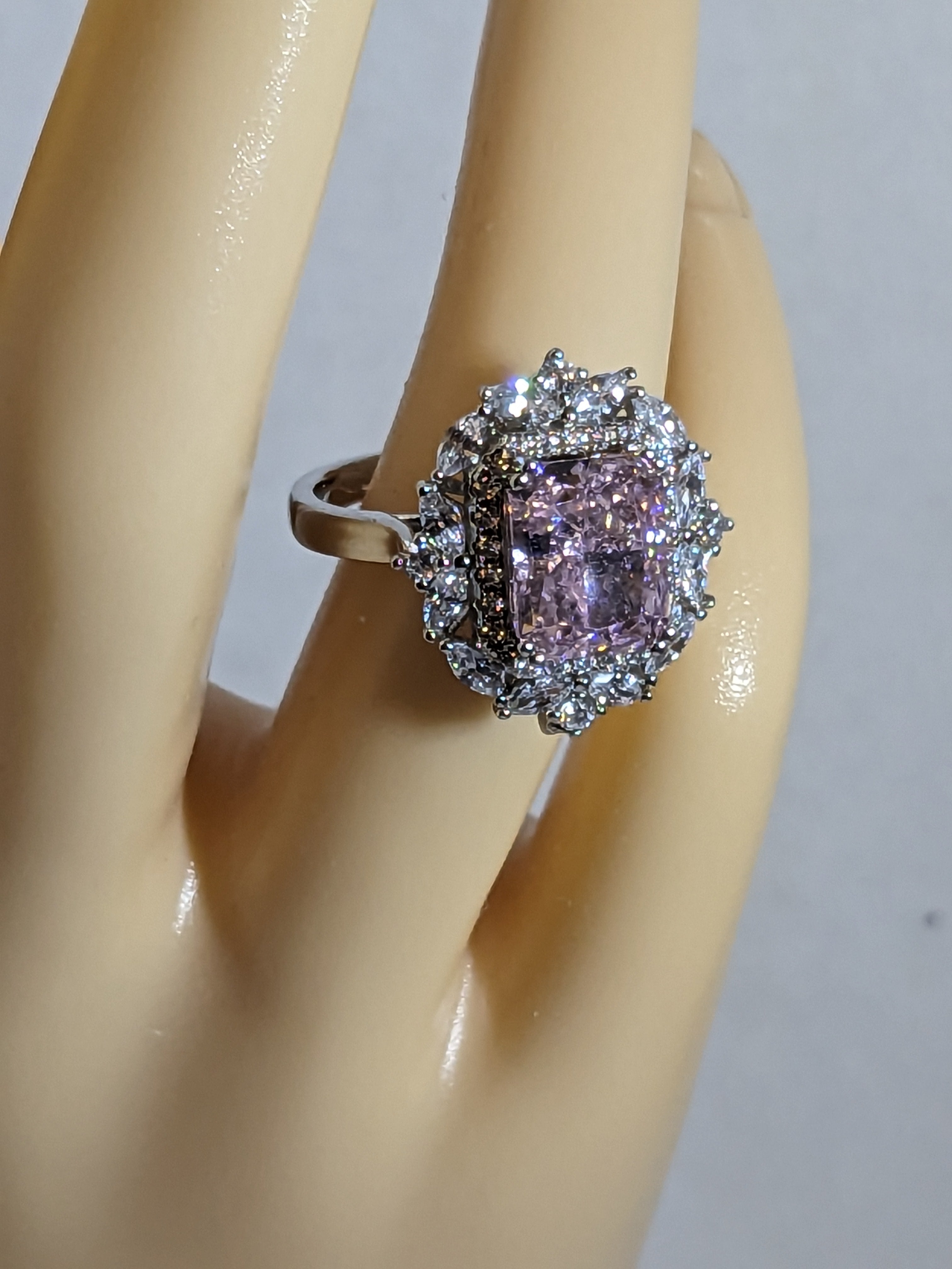 Lab Grown 2.3ct Pink Emerald Cut Diamond Ring with a White Zircon Halo and Flower Cluster Filigree