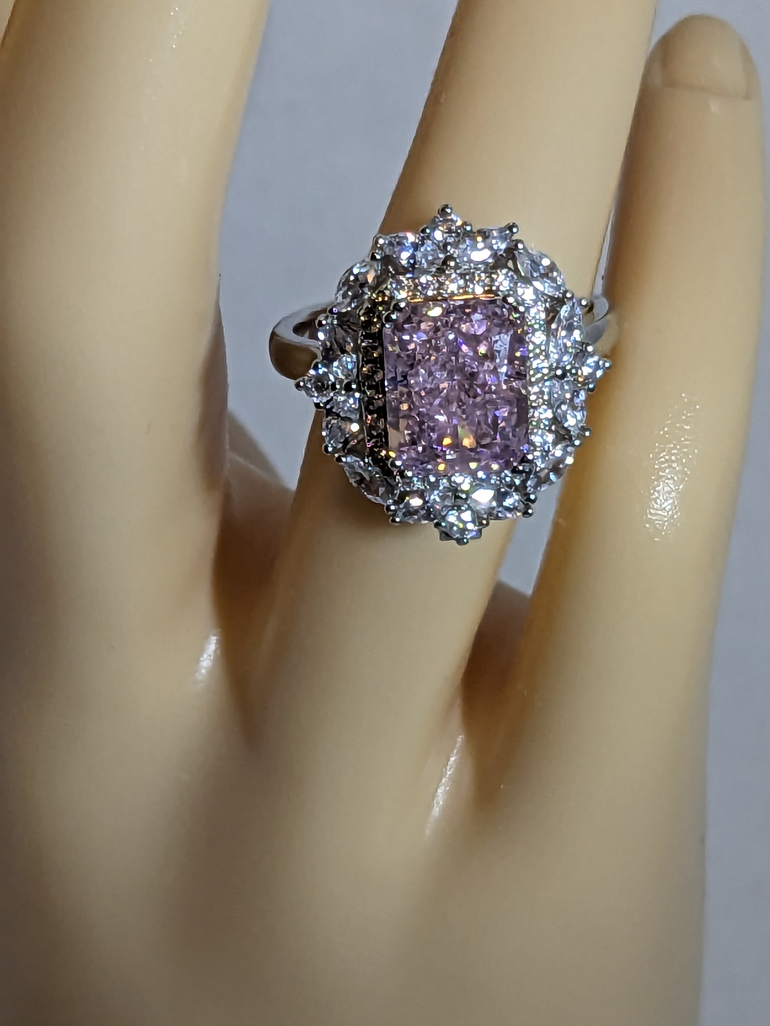 Lab Grown 2.3ct Pink Emerald Cut Diamond Ring with a White Zircon Halo and Flower Cluster Filigree