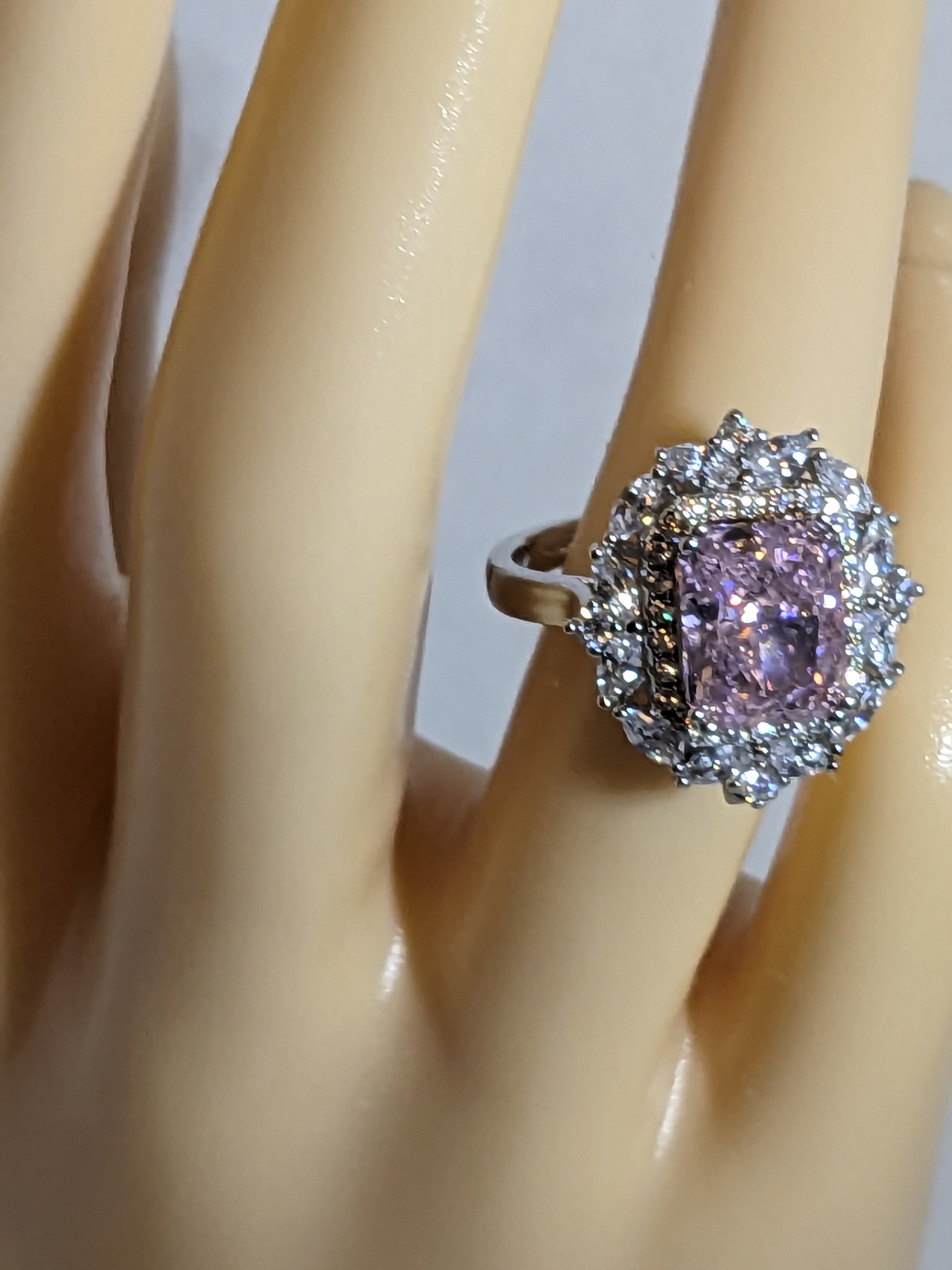 Lab Grown 2.3ct Pink Emerald Cut Diamond Ring with a White Zircon Halo and Flower Cluster Filigree