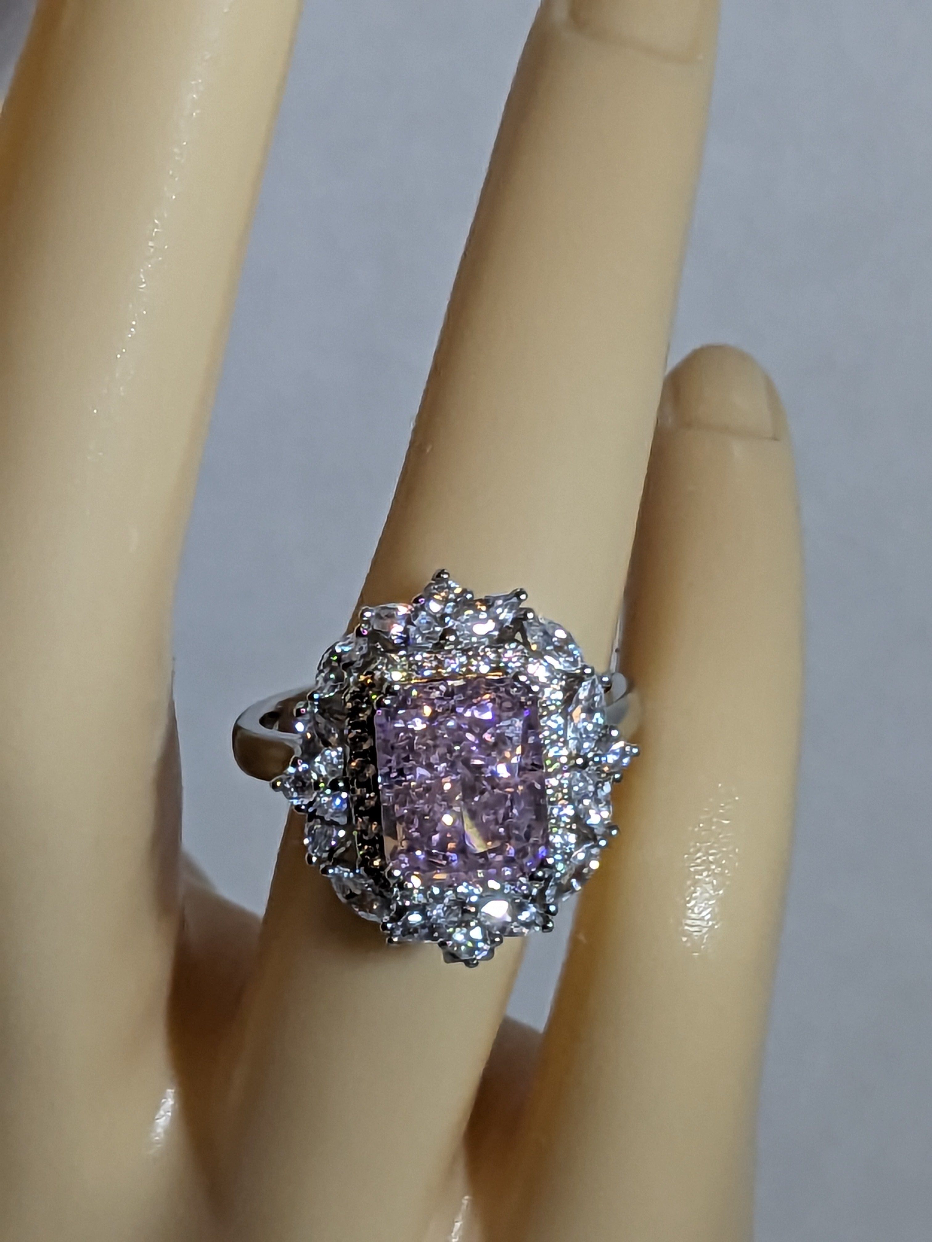 Lab Grown 2.3ct Pink Emerald Cut Diamond Ring with a White Zircon Halo and Flower Cluster Filigree