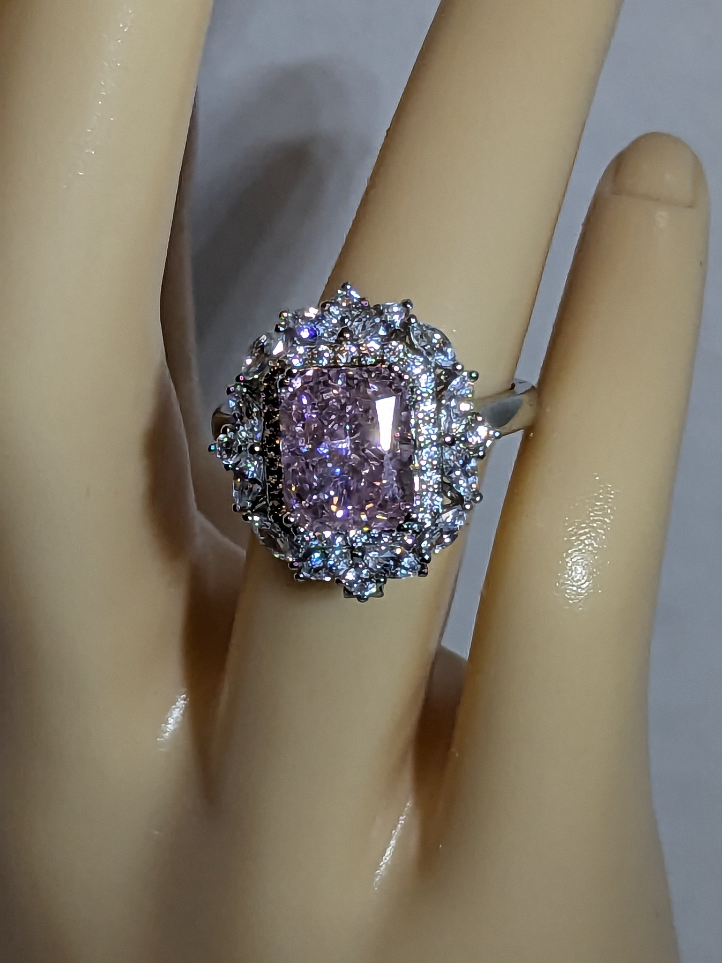 Lab Grown 2.3ct Pink Emerald Cut Diamond Ring with a White Zircon Halo and Flower Cluster Filigree