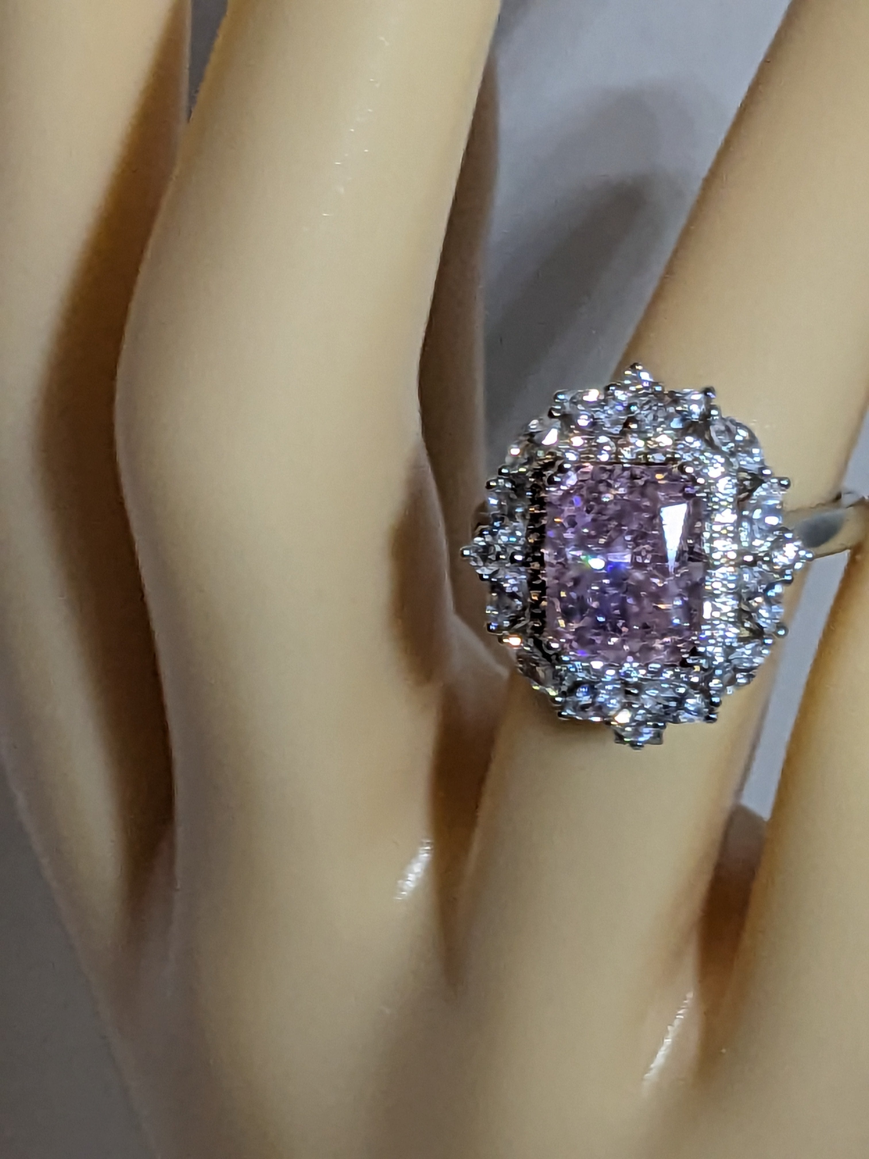 Lab Grown 2.3ct Pink Emerald Cut Diamond Ring with a White Zircon Halo and Flower Cluster Filigree