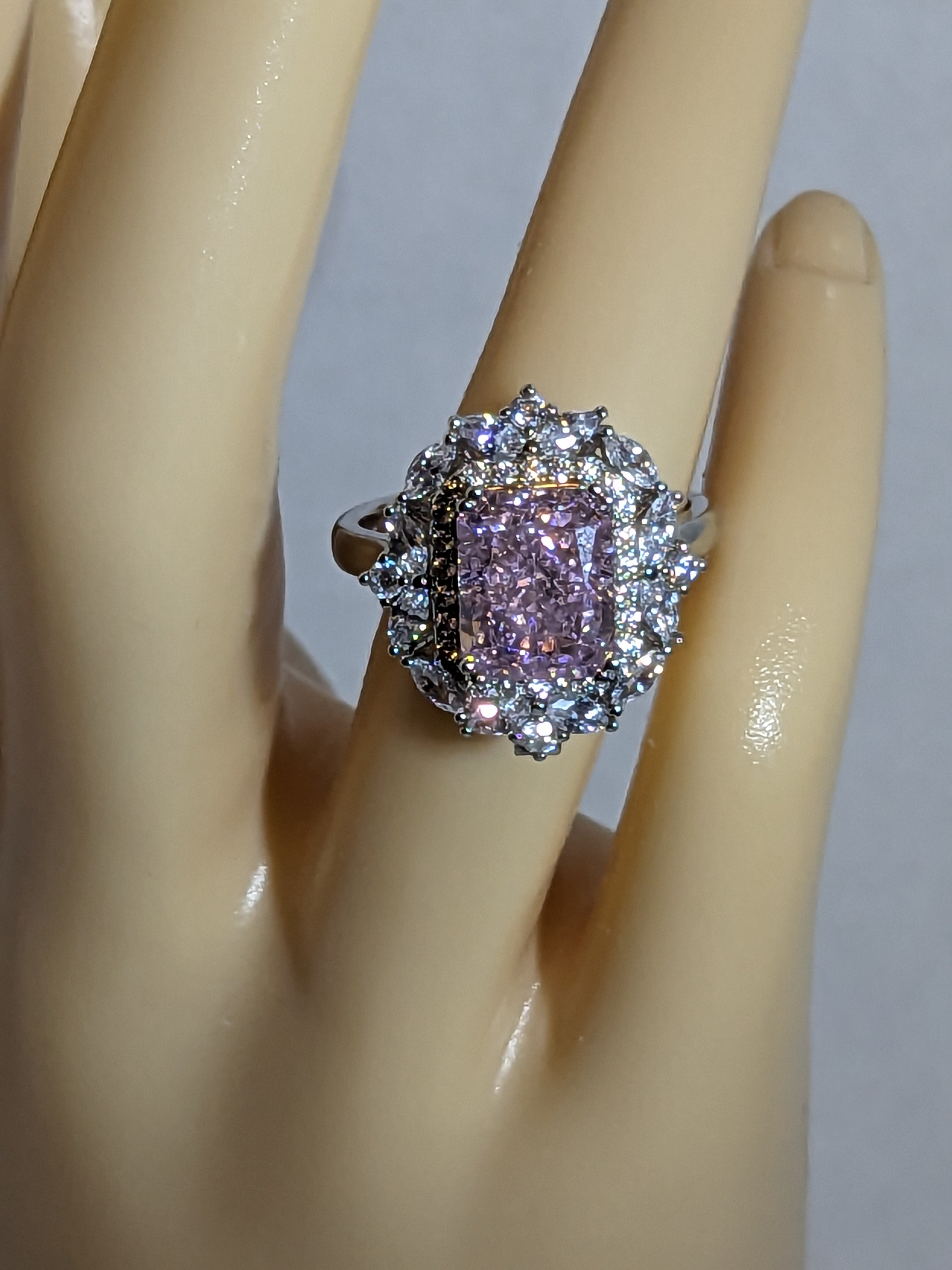 Lab Grown 2.3ct Pink Emerald Cut Diamond Ring with a White Zircon Halo and Flower Cluster Filigree