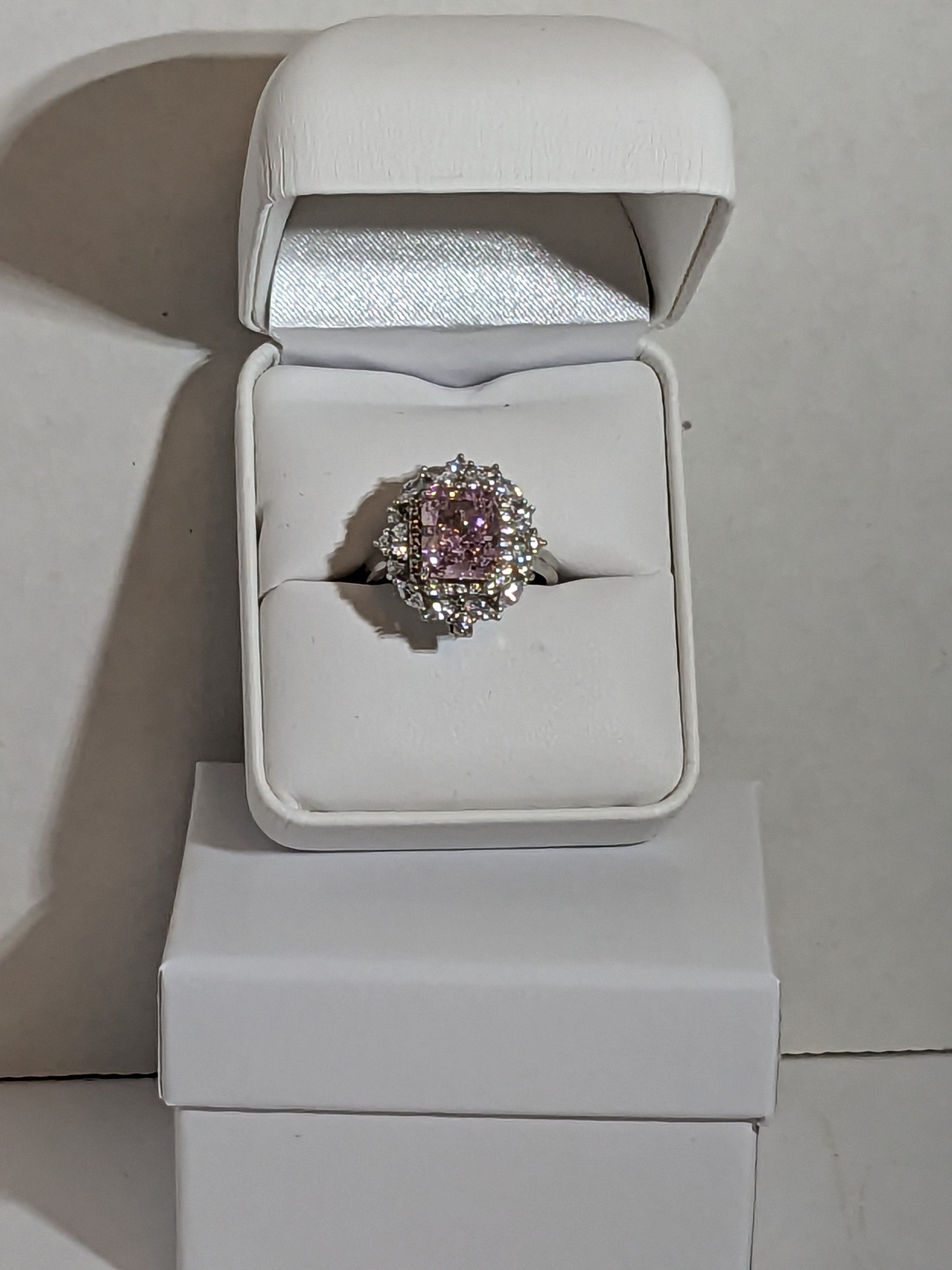 Lab Grown 2.3ct Pink Emerald Cut Diamond Ring with a White Zircon Halo and Flower Cluster Filigree