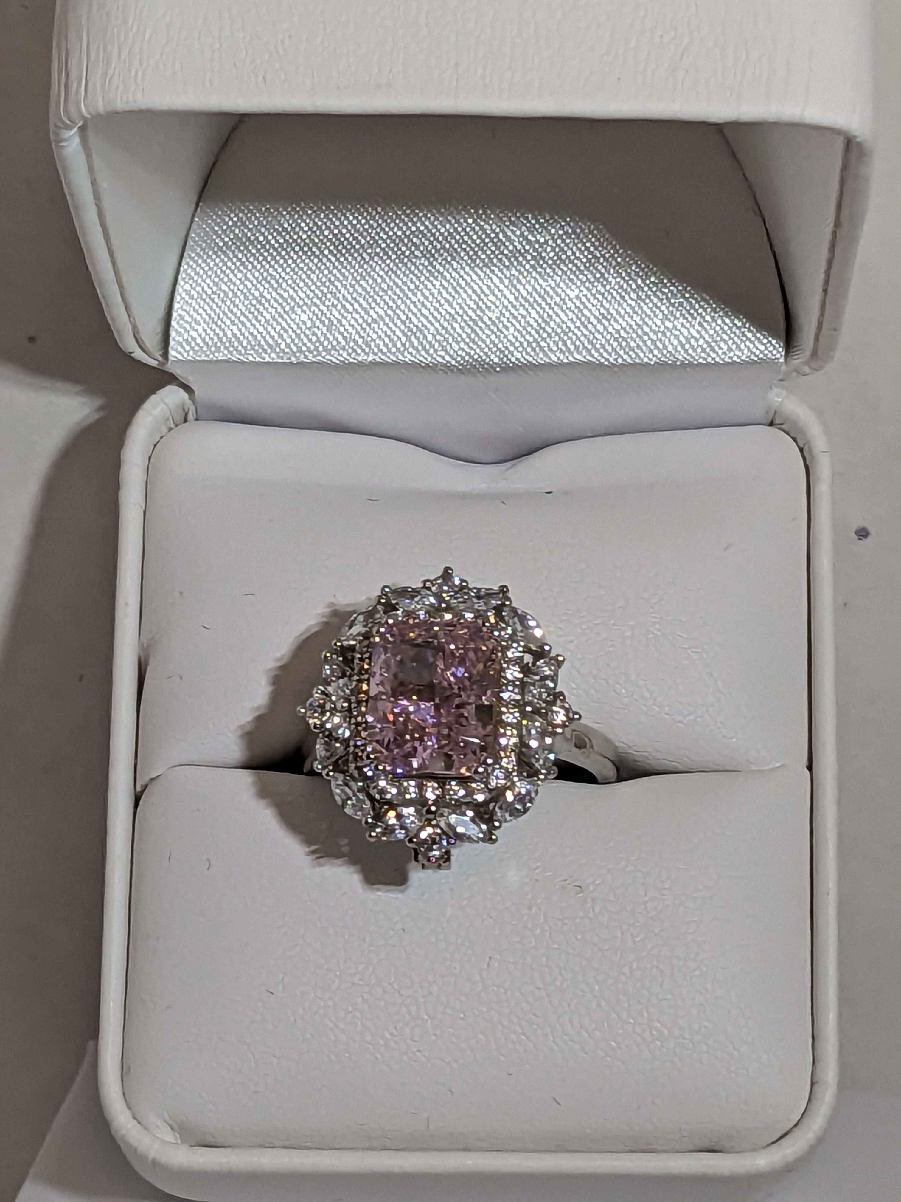 Lab Grown 2.3ct Pink Emerald Cut Diamond Ring with a White Zircon Halo and Flower Cluster Filigree