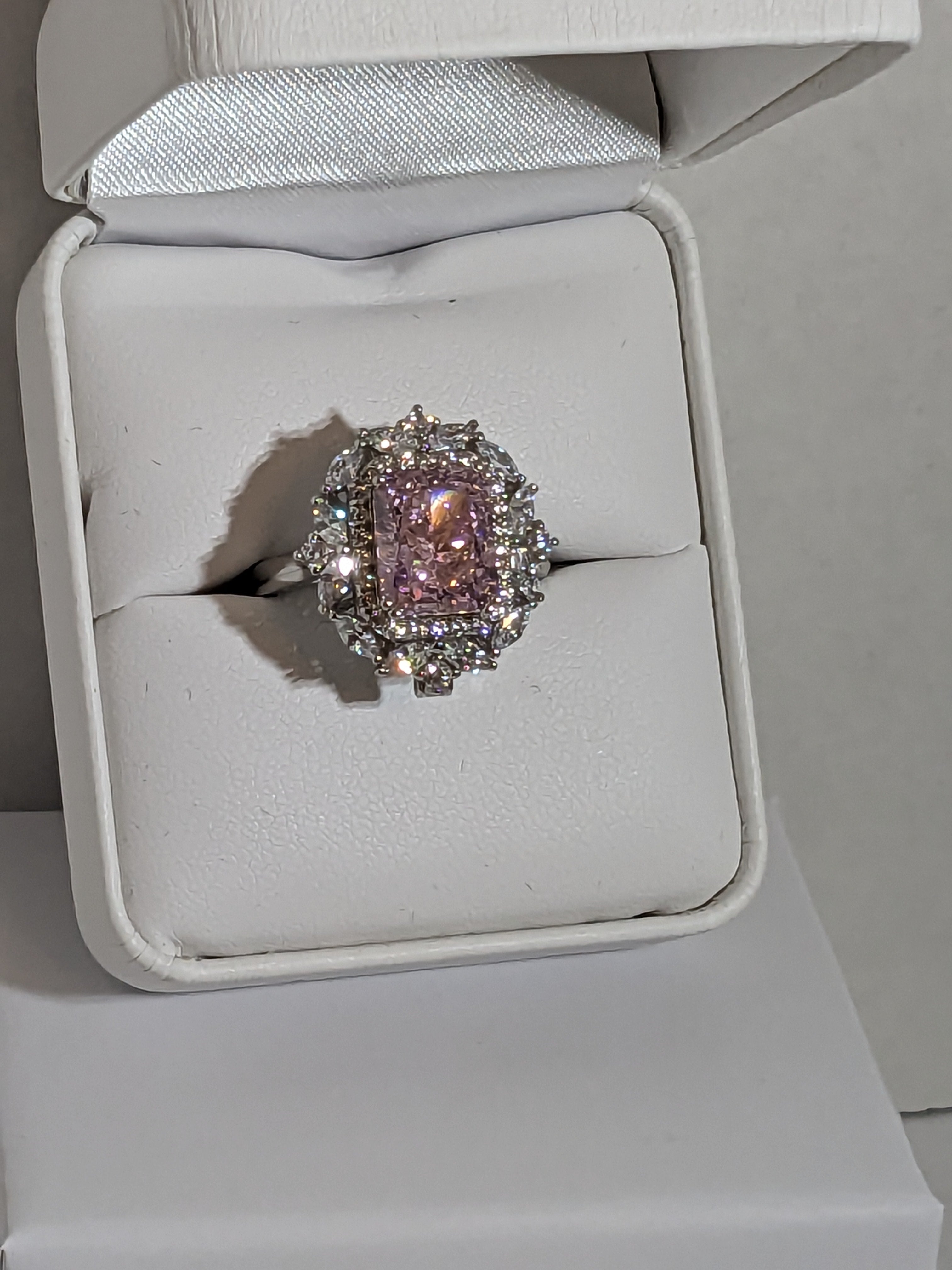 Lab Grown 2.3ct Pink Emerald Cut Diamond Ring with a White Zircon Halo and Flower Cluster Filigree