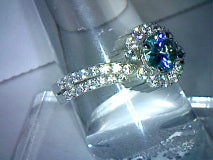 Moissanite Round Cut Blue Green Engagement Ring with halo 1.20ct/6.35mm