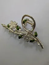 Large Metal Hair Claw Gold Rhinestone Fowers, Green Leaves, Pearls