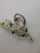 Large Metal Hair Claw Gold Rhinestone Fowers, Green Leaves, Pearls