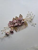 Fancy Gold Tone Metal Hair Combs With Choice of color Fabric Flowers Pearls and White Rhinestones