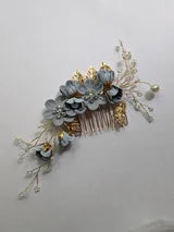 Fancy Gold Tone Metal Hair Combs With Choice of color Fabric Flowers Pearls and White Rhinestones