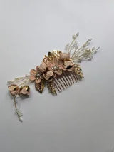 Fancy Gold Tone Metal Hair Combs With Choice of color Fabric Flowers Pearls and White Rhinestones