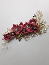 Fancy Gold Tone Metal Hair Combs With Choice of color Fabric Flowers Pearls and White Rhinestones