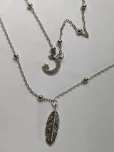 Hair Jewelry Moon and Feather hair snap double clip triple chain silver tone