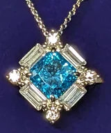 High Carbon Blue Diamond Necklace with Baguette Halo .80ct/1.24cttw