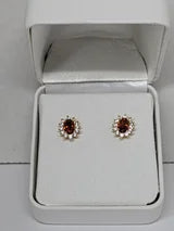 Genuine Ruby Oval Stud Earrings with Diamond Halo