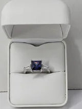 Classic Square Princess Cut 3.5ct Tanzanite Ring with triangular Zircon side accents