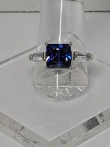 Classic Square Princess Cut 3.5ct Tanzanite Ring with triangular Zircon side accents