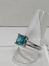 Classic Square Princess Cut 3ct Blue Paraiba Tourmaline aka Deep Teal aka Turquoise Ring with triangular Zircon side accents