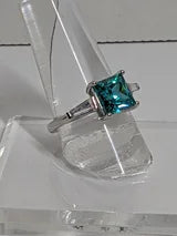 Classic Square Princess Cut 3ct Blue Paraiba Tourmaline aka Deep Teal aka Turquoise Ring with triangular Zircon side accents