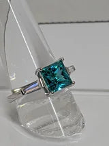 Classic Square Princess Cut 3ct Blue Paraiba Tourmaline aka Deep Teal aka Turquoise Ring with triangular Zircon side accents