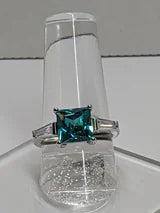 Classic Square Princess Cut 3ct Blue Paraiba Tourmaline aka Deep Teal aka Turquoise Ring with triangular Zircon side accents