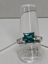 Classic Square Princess Cut 3ct Blue Paraiba Tourmaline aka Deep Teal aka Turquoise Ring with triangular Zircon side accents