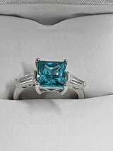 Classic Square Princess Cut 3ct Blue Paraiba Tourmaline aka Deep Teal aka Turquoise Ring with triangular Zircon side accents