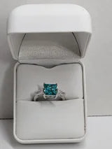 Classic Square Princess Cut 3ct Blue Paraiba Tourmaline aka Deep Teal aka Turquoise Ring with triangular Zircon side accents