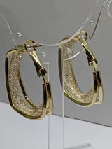 Square Hoop Gold Earrings with ZIrcon Druzy Mesh Lever Post Closure