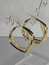 Square Hoop Gold Earrings with ZIrcon Druzy Mesh Lever Post Closure