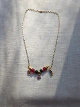 Red and Green Chalcedony Gold Christmas Necklace with Reindeer Charm