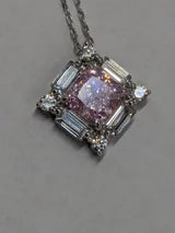 High Carbon Sparkling Pink Diamond Necklace with Baguette Halo .80ct/1.24cttw