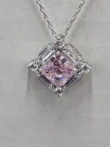 High Carbon Sparkling Pink Diamond Necklace with Baguette Halo .80ct/1.24cttw