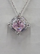 High Carbon Sparkling Pink Diamond Necklace with Baguette Halo .80ct/1.24cttw