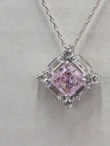 High Carbon Sparkling Pink Diamond Necklace with Baguette Halo .80ct/1.24cttw